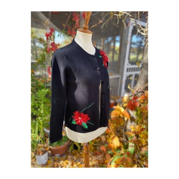 Y2K Cardigan Sweater Floral Sequin Beads Black red - Picture 3 of 9